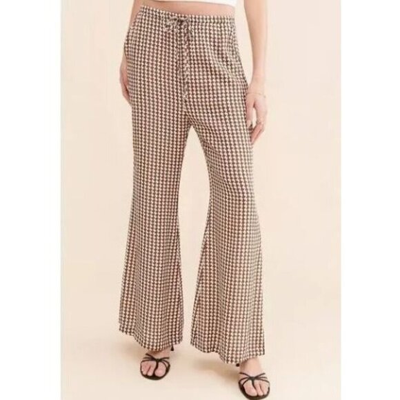 Charlie Day NEW Lola Pants Houndstooth Brown Cream Flare Leg Pull On Women Sz 4 - Picture 1 of 14
